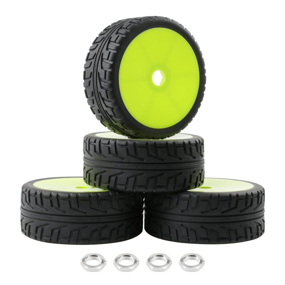Rchobbytop 4pcs 1/8 RC Buggy Tires and Wheels, 17mm Hex Drive Hub Hard Dish Wheel and Foam Inserted Soft Rubber Tyres for On Road Racing Car, Fluorescent Green