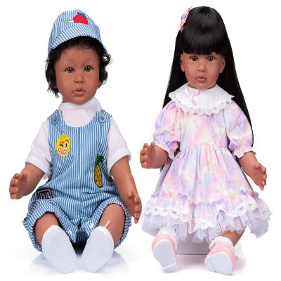 Angelbaby 60cm 24inch Reborn Baby Twins Dolls Black Boy and Girl Look Real African American Reborn Toddlers Realistic Silicone Biracial Newborn Bebe Doll and Accessories for Kid