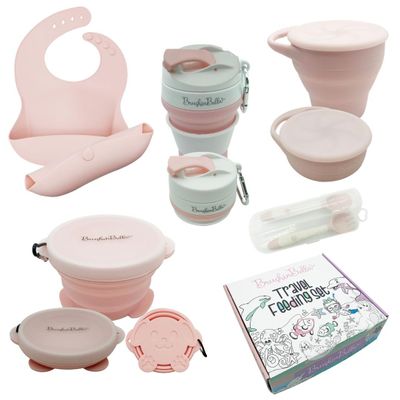BrushinBella Collapsible Feeding Supplies for Travel - Silicone Suction Bowl, Plate, Bib, Spoons for Toddlers