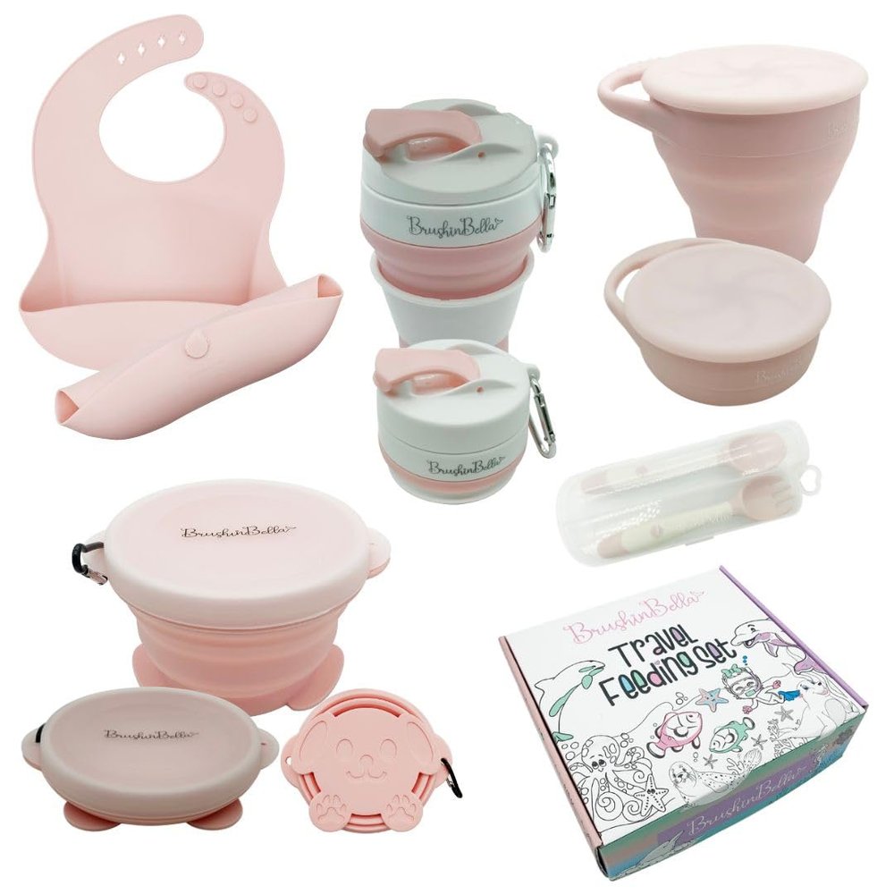 BrushinBella Collapsible Feeding Supplies for Travel - Silicone Suction Bowl, Plate, Bib, Spoons for Toddlers