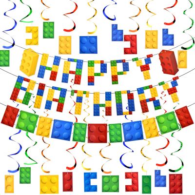 23 Pieces Building Block Birthday Party Backdrop Supplies Include Colorful Building Blocks Banners and Theme Hanging Swirls for Birthday Blocks Theme Party Decorations