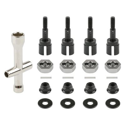 Rchobbytop 4 Sets 12mm Wheel Hex Drive Hub Adapter & Steel Stub Axle & M4 Lock Nut & Wrench, Replace Parts of 102042 (02134) 122042 02033 for 1/10 RC Truck HSP 94108 94111 94123 94124 94170, Black