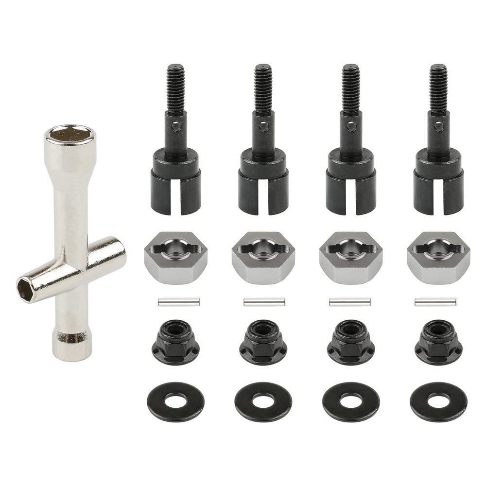 Rchobbytop 4 Sets 12mm Wheel Hex Drive Hub Adapter & Steel Stub Axle & M4 Lock Nut & Wrench, Replace Parts of 102042 (02134) 122042 02033 for 1/10 RC Truck HSP 94108 94111 94123 94124 94170, Black