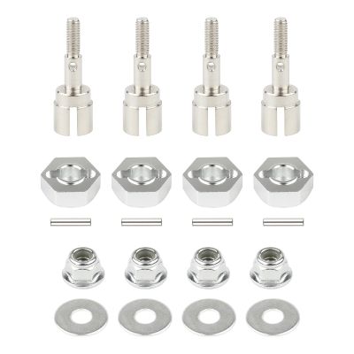 Rchobbytop 4 Sets 12mm Wheel Hex Drive Hub Adaptor & Steel Stub Axle & M4 Locknut Washers for 1/10 RC Car, Replace Parts of 102042 (02134) 122042 02033 for HSP 94108 94111 94123 94124 94170, Silver