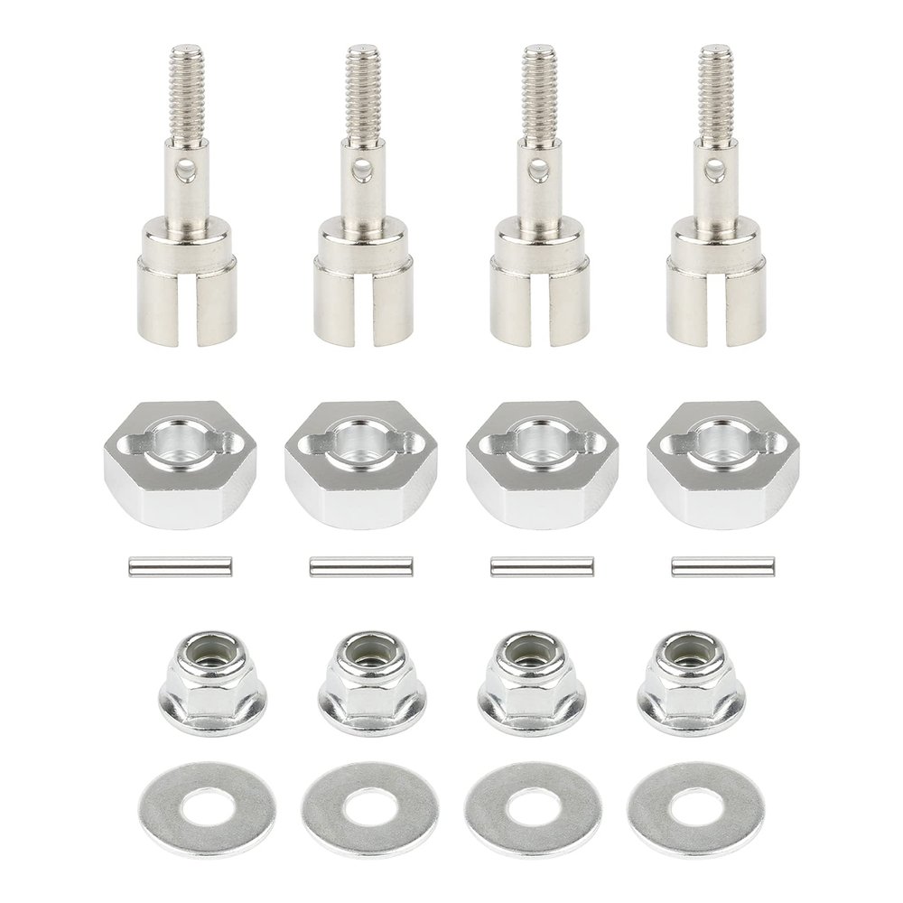 Rchobbytop 4 Sets 12mm Wheel Hex Drive Hub Adaptor & Steel Stub Axle & M4 Locknut Washers for 1/10 RC Car, Replace Parts of 102042 (02134) 122042 02033 for HSP 94108 94111 94123 94124 94170, Silver