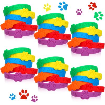 Chalyna 36 Pieces Paw Print Rubber Bracelets Paw Print Silicone Wristband Dog Patrol Stretch Bracelets in 6 Solid Colors Animal Theme Waterproof Wristband for Student Activity Party Supplies