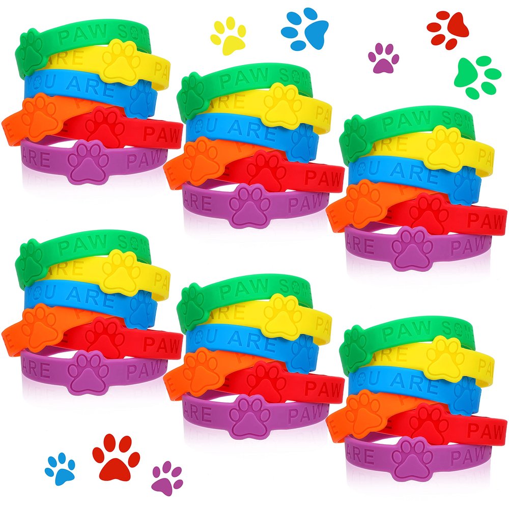 Chalyna 36 Pieces Paw Print Rubber Bracelets Paw Print Silicone Wristband Dog Patrol Stretch Bracelets in 6 Solid Colors Animal Theme Waterproof Wristband for Student Activity Party Supplies