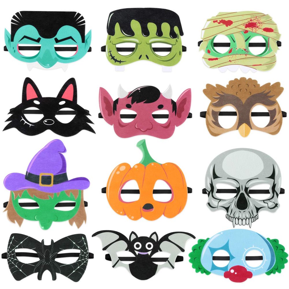 Zerodeko Halloween Masks Kids Halloween Felt Masks Pumpkin Bat Skull Cosplay Pretend Play Props Cartoon for Festival Party Masquerade 12Pcs