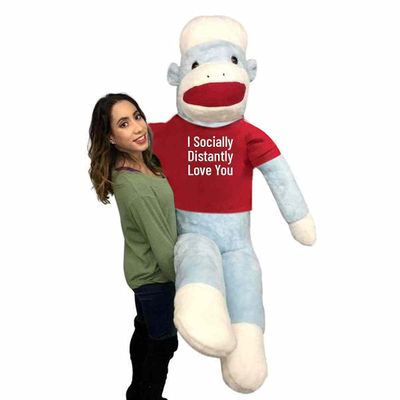 6ft Valentine's Day Giant Stuffed Sock Monkey Blue Wears Removable T-Shirt: I Socially Distantly Love You, Huge Valentine Plushie Packed in Big Box, Fully Stuffed and Ready to Hug Made in USA
