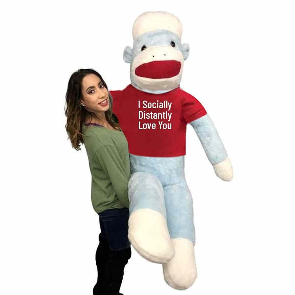 6ft Valentine's Day Giant Stuffed Sock Monkey Blue Wears Removable T-Shirt: I Socially Distantly Love You, Huge Valentine Plushie Packed in Big Box, Fully Stuffed and Ready to Hug Made in USA