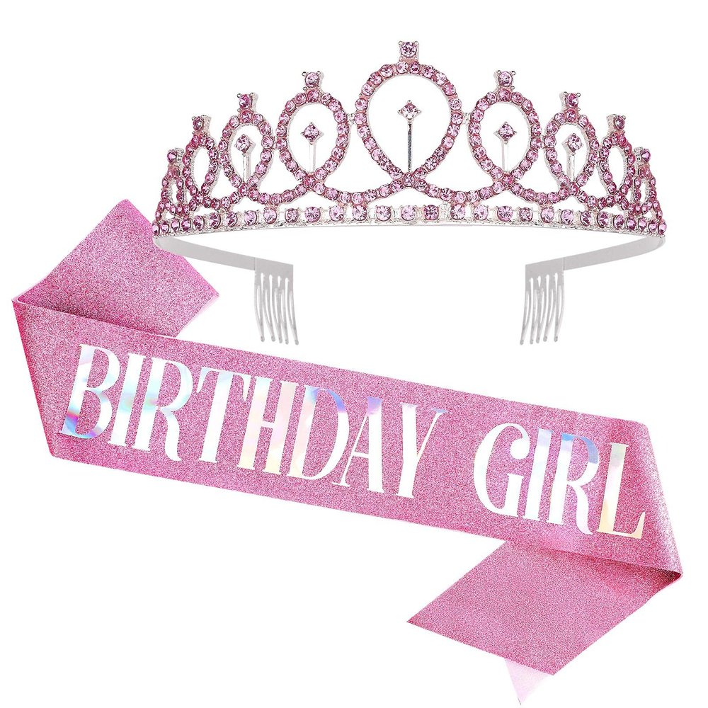 CIEHER Birthday Girl Sash & Rhinestone Tiara Kit - Pink Crown & Tiara Set for Women & Girls - Party Costume Supplies & Decorations