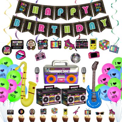 80s Party Decorations - Including Happy Birthday Banner, Inflatable Boom Box, Guitar, Microphone, Saxophone, 80s Element Bunting, Hanging Swirls, Balloon, for 80s Birthday Party Decorations