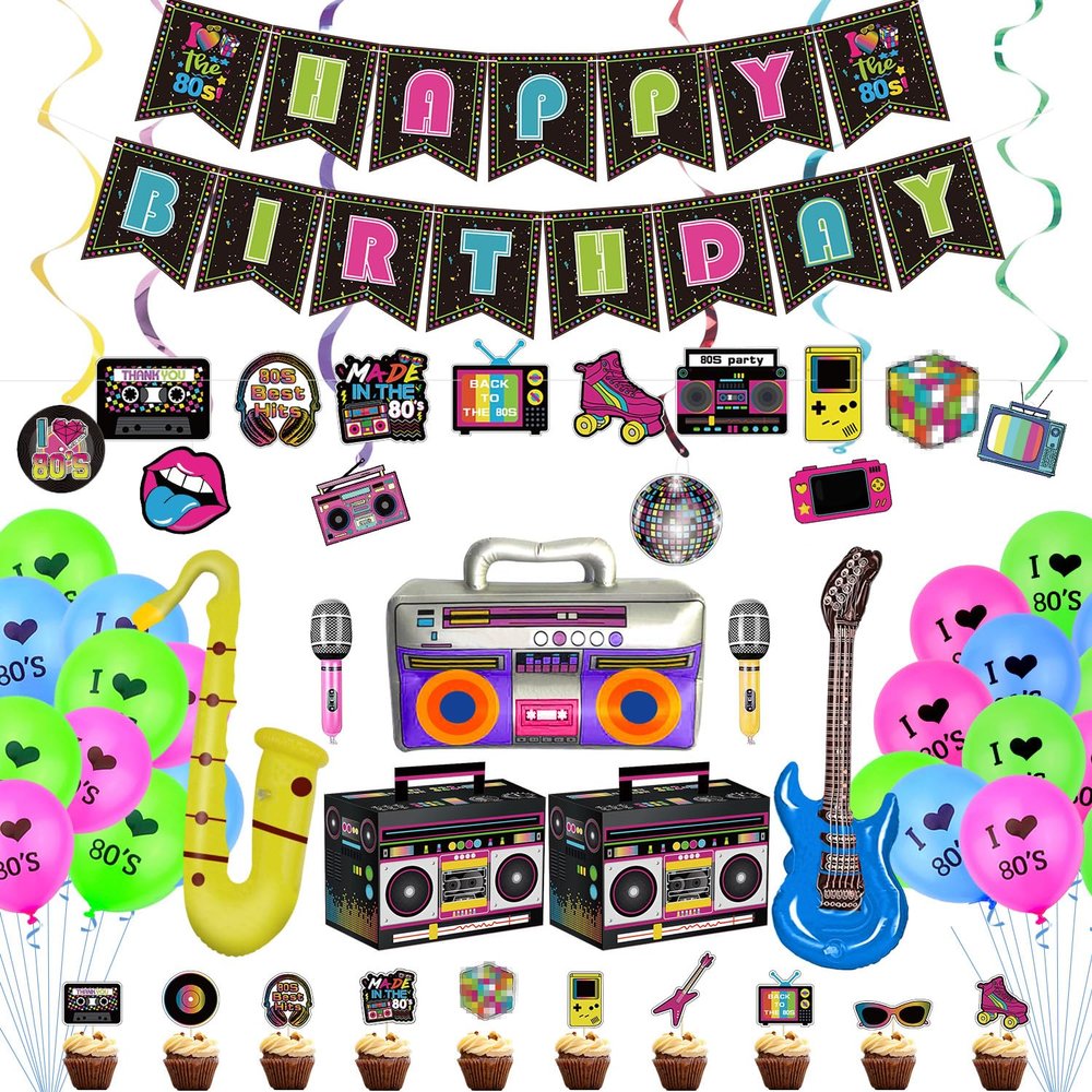 80s Party Decorations - Including Happy Birthday Banner, Inflatable Boom Box, Guitar, Microphone, Saxophone, 80s Element Bunting, Hanging Swirls, Balloon, for 80s Birthday Party Decorations