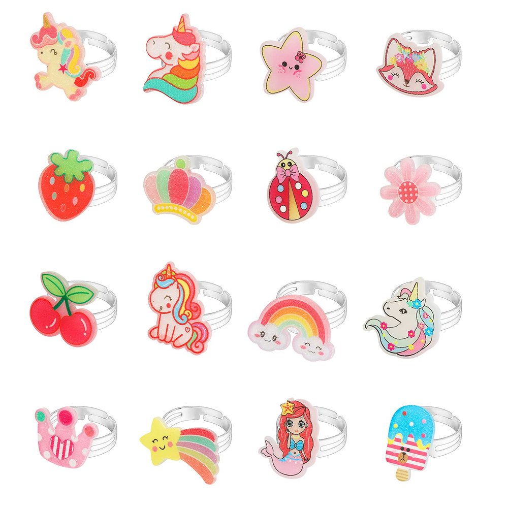 Hifot 16pcs Jewelry Rings for Little Girls, Adjustable Rings Cute Fox Mermaid Rings for Kids Pretend Play and Dress Up Rings