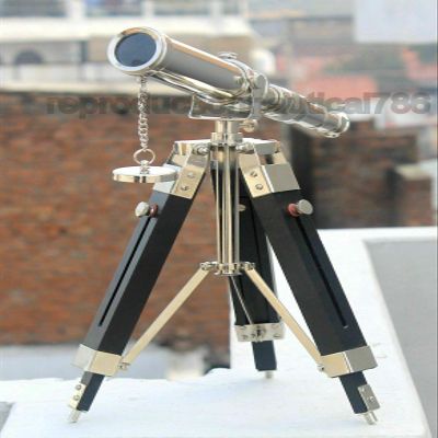 Nautical Marine Brass Chrome Spyglass Telescope W/Black Wooden Tripod Stand Gift