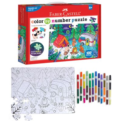 Faber-Castell Coloring by Number Coloring Puzzle Camping Set | Color, Build & Reveal a Glow-in-The-Dark Puzzle Scene | Relaxing Screen-Free Creative Activity for Kids (Ages 6+)