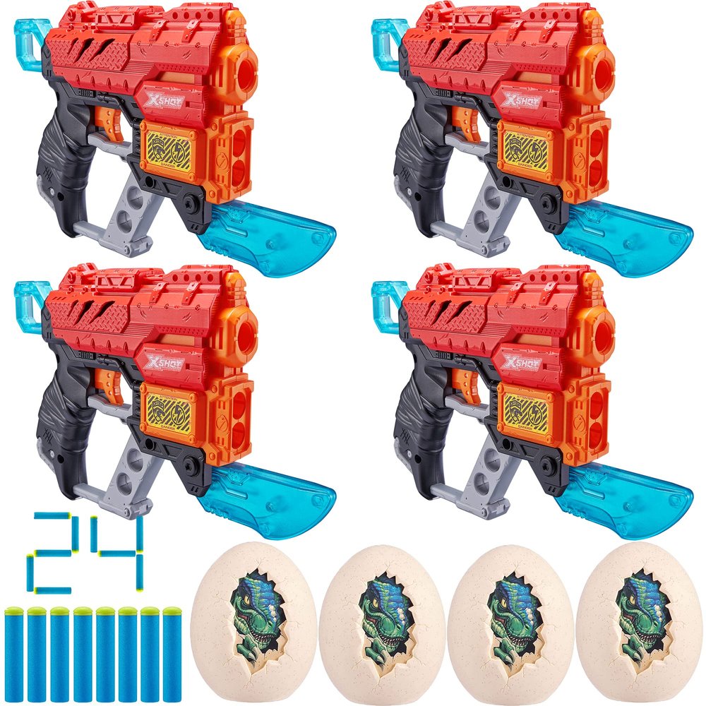 X-Shot Dino Attack Extinct Foam Dart Blaster 4 Pack (4 Blasters, 24 Darts, 4 Egg Targets) by ZURU XShot Dinosaur Theme Toy Blaster (Amazon Exclusive) for Kids, Teens, Adults