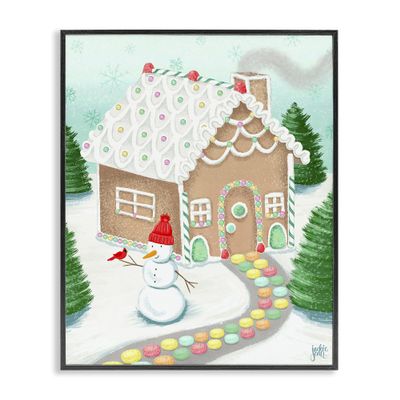 Stupell Industries 'Playful Gingerbread House Christmas Landscape Happy Snowman', Framed Giclee Art, Black, 16 x 20 Inches, Easy to Hang and Sturdy, Made in USA, by Jackie Quigley