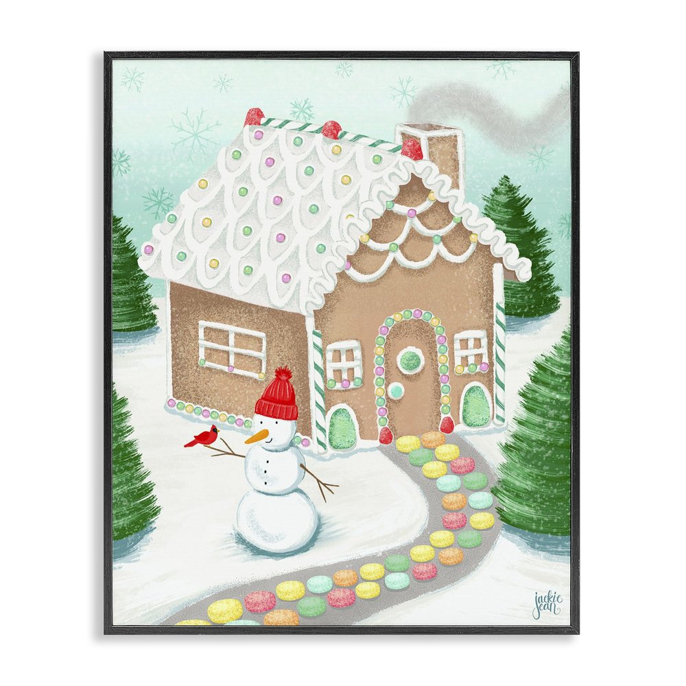 Stupell Industries 'Playful Gingerbread House Christmas Landscape Happy Snowman', Framed Giclee Art, Black, 16 x 20 Inches, Easy to Hang and Sturdy, Made in USA, by Jackie Quigley