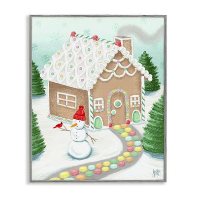 Stupell Industries 'Playful Gingerbread House Christmas Landscape Happy Snowman', Framed Giclee Art, Gray, 16 x 20 Inches, Easy to Hang and Sturdy, Made in USA, by Jackie Quigley