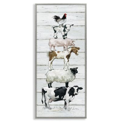 Stupell Industries Country Farm Animal Stack Cow Sheep Pig Rooster, Designed by Carol Robinson Gray Framed Wall Art, 10 x 24, Multi-Color