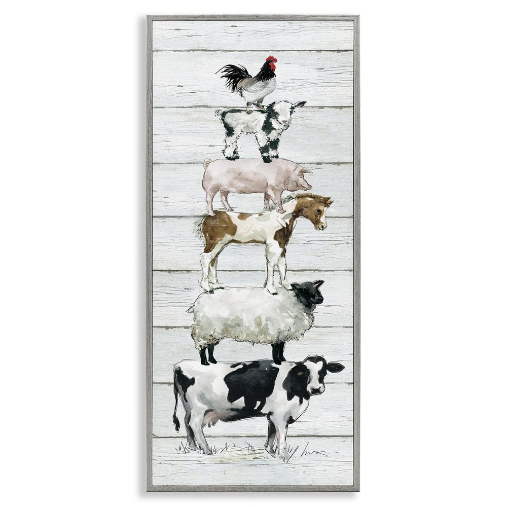 Stupell Industries Country Farm Animal Stack Cow Sheep Pig Rooster, Designed by Carol Robinson Gray Framed Wall Art, 10 x 24, Multi-Color