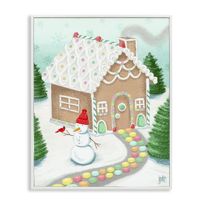 Stupell Industries 'Playful Gingerbread House Christmas Landscape Happy Snowman', Framed Giclee Art, White, 16 x 20 Inches, Easy to Hang and Sturdy, Made in USA, by Jackie Quigley