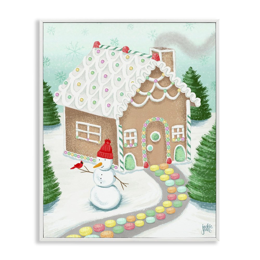 Stupell Industries 'Playful Gingerbread House Christmas Landscape Happy Snowman', Framed Giclee Art, White, 16 x 20 Inches, Easy to Hang and Sturdy, Made in USA, by Jackie Quigley