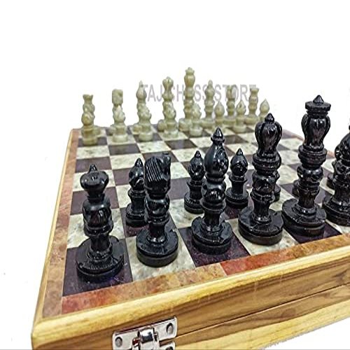 12" Soap Stone Chess Set Pieces & Framed Wooden Board with Velvet Storage Box | Mid Century Marble Chess Set- Taj Chess Store
