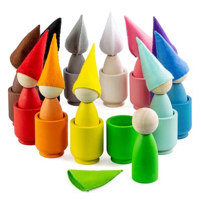 Ulanik Large Peg Dolls in Cups with Hats Toddler Montessori Toys for 3 Year Old + Wooden Dolls for Learning Color Sorting and Counting 12 Gnomes