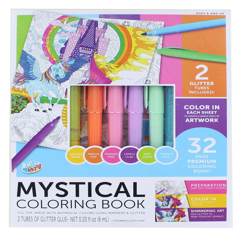 Anker Play Coloring Book Kit with 6 Glimmer Gel Pens | Mystical