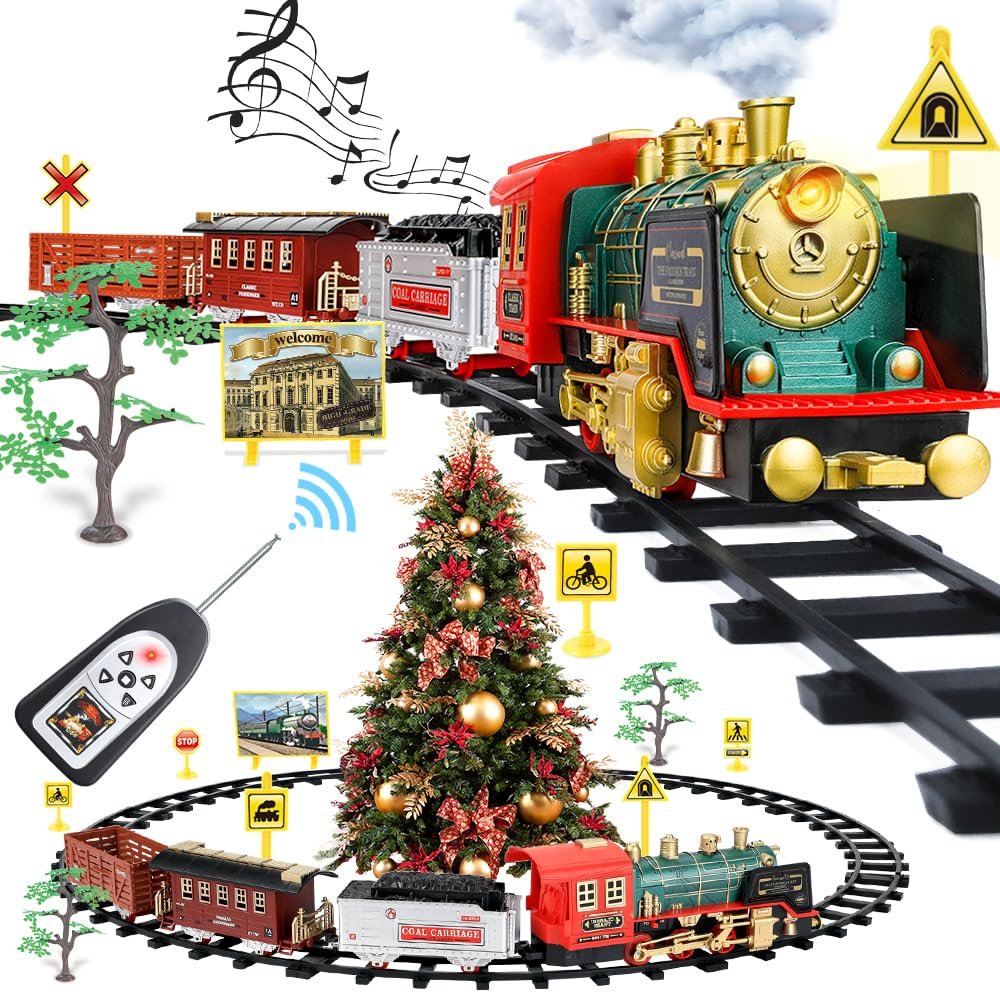 Remote Control Train Set - Electric R/C Train Toy for Kids w/Smokes,Lights & Sound,Railway Kits w/Steam Locomotive Engine,Cargo Cars & Tracks, Christmas Toys for 3 + Year Old Kids