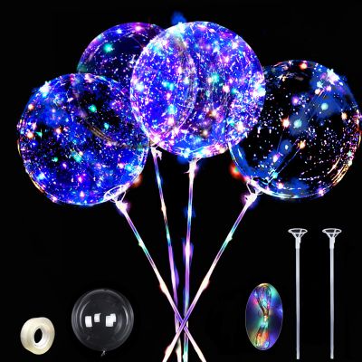 10 Pack LED Balloons with Sticks, Upgraded 20 Inch Clear Light up Bobo Helium Bubble Balloon Sets, Glow in the Dark Neon Balloons for Party, Birthday,Wedding,Decoration 4 Colors Flashing String Lights