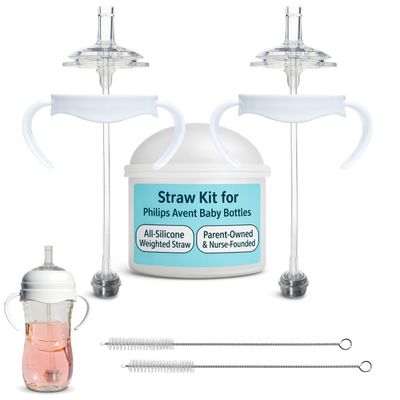 Straw Cup Conversion Kit for Philips Avent Natural Baby Bottles 2-Count, Food Grade Silicone Straw Nipples and Weighted Straw, Bottle Handles, Cleaning Brush, BPA-Free, Sippy Transition, 6+ Months