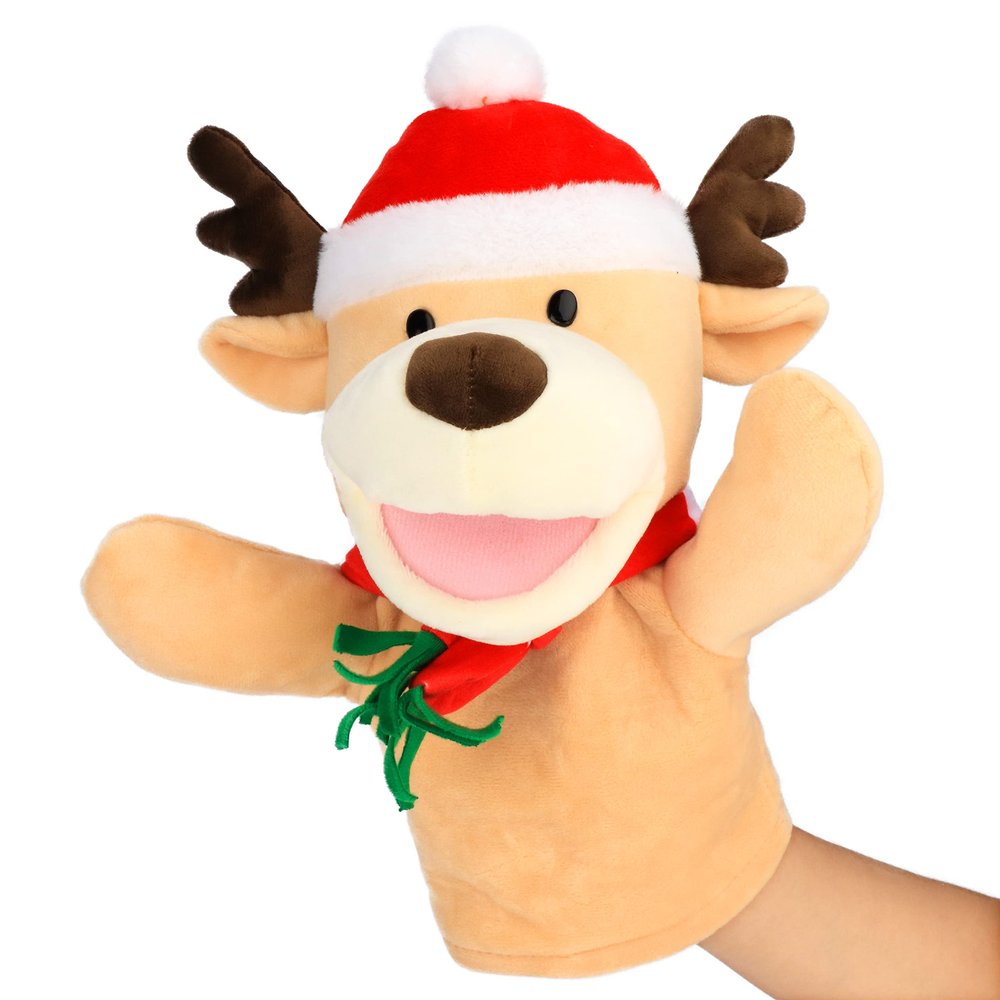 Hopearl Plush Christmas Elk Hand Puppet Reindeer with Open Movable Mouth for Imaginative Play, Role Play, Interactive Toy for Storytelling Teaching Puppet Theater, Gifts for Kids, Brown, 13.5''