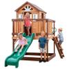 Backyard Discovery Echo Heights Elevated Cedar Wooden Kids Playhouse with Wave Slide, Play Kitchen, Wrap-Around Deck, Flat-Step Ladder, Half Door, Windows, Bell, and Growth Chart for Outdoor Play view 1