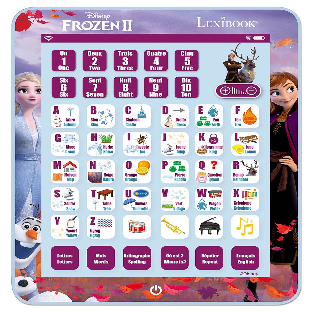 LEXIBOOK, Frozen, Educational Bilingual Learning Tablet, Learn Letters Numbers Words Spelling and Music, English/French, Purple, JCPAD002FZi1