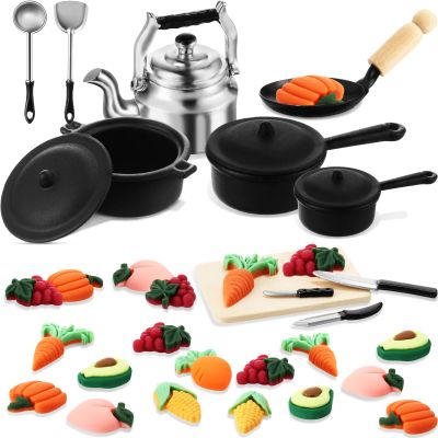 34 Pcs Miniature Dollhouse Kitchen Accessories 1/12 Scale Mini Dollhouse Metal Pots and Pans Stove top Cookware Miniature Food Vegetables Fruits for Christmas Pretend Game Party Gifts Decoration