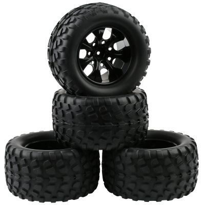 4pcs 12mm Hex RC Wheels and Tires Rubber Tires Set for 1/10 Off Road Monster Truck Volcano Epx/Pro Volcano S30 Stampede HSP 94108 94111 94188 94701 with Drive Hub Adapters Lock Nuts and Wrench, Black