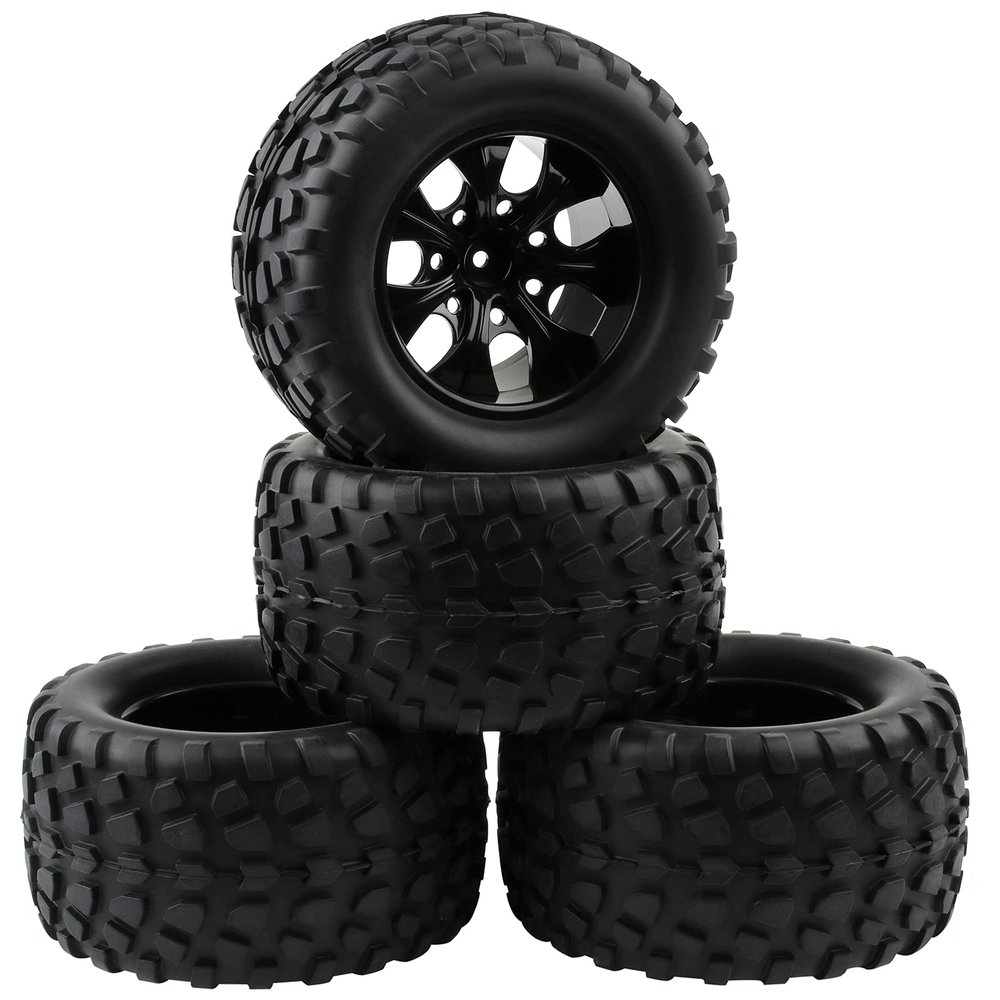 4pcs 12mm Hex RC Wheels and Tires Rubber Tires Set for 1/10 Off Road Monster Truck Volcano Epx/Pro Volcano S30 Stampede HSP 94108 94111 94188 94701 with Drive Hub Adapters Lock Nuts and Wrench, Black