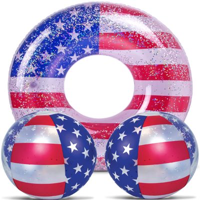 POZA Inflatable USA Pool Float Tube and Beach Balls - Luxurious American Flag Design with Sparkly Silver Stars Confetti Pool Float and Inflatable Beach Balls, Water Inflatables for Pool, Beach, Lake