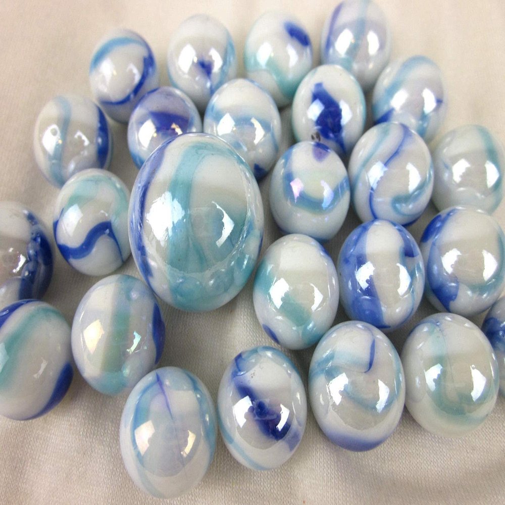Big Game Toys~25 Glass Marbles Tiger Shark Iridescent White/Purple/Blue Swirl Classic Style Game Pack (24 Player, 1 Shooter) Home Decor/Vase Filler/Aquarium