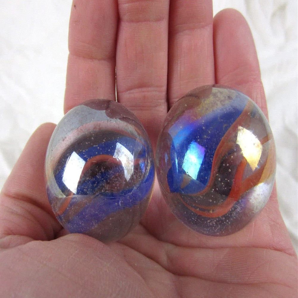 Big Game Toys Set of 2 Carnival 35mm Boulder Iridescent Clear/Red/Blue Swirl Large Shooter Solid Glass Marbles Home Decor/Vase Filler/Aquarium