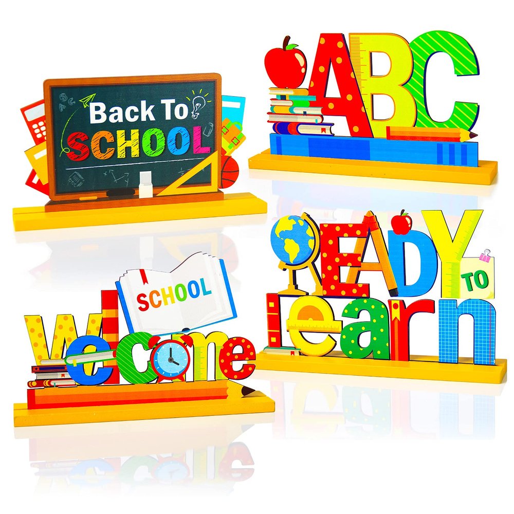 4 Pieces Back to School Party Decorations Wooden First of School Centerpieces Ready to Learn Table Toppers for School Classroom Home Teacher Party Favor Supplies Photo Booth Props