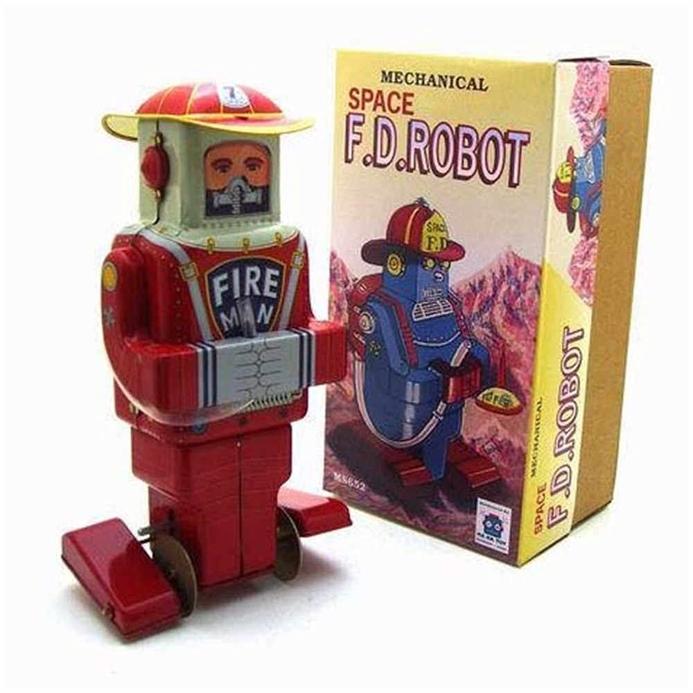 Charmgle Spring Firemen Robot Tin Toy Clockwork Wind-up Walking Robot Model Toys Adult Collection Party Favor Home Decoration