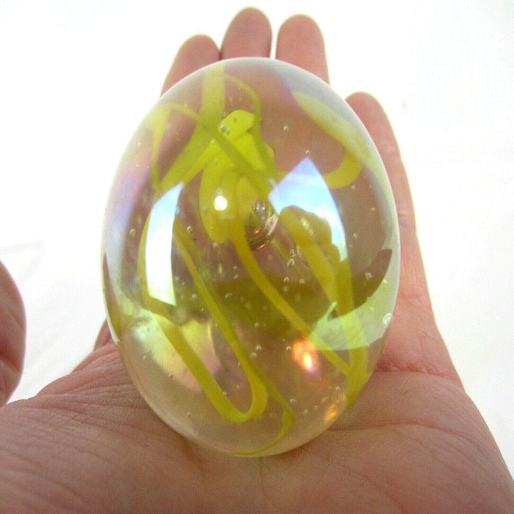 Big Game Toys~Large 2" (50mm) Yellow Spaghetti Toe Breaker w/Display Stand Iridescent Bubble Marble Glass Ball Large Huge Clear/Yellow Confetti Ribbon Shooter Swirl Home Decor/Aquarium