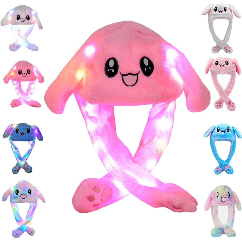 umbresen Bunny Hat Ear Moving Jumping Rabbit Hat Funny Cute Plush Animal Cap with Paws for Kids Women Girl Party Christmas Holiday Birthday Dress up Cosplay Costume Gift (LED Pink)