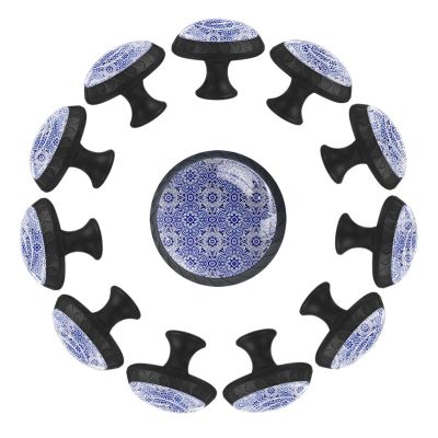 12 Pieces Blue Azulejo Geometric Flower Glass Knobs for Dresser Drawers, 1.37 x 1.10 in Round Kitchen Cabinet Pulls for Home Office Nursery Kids Room