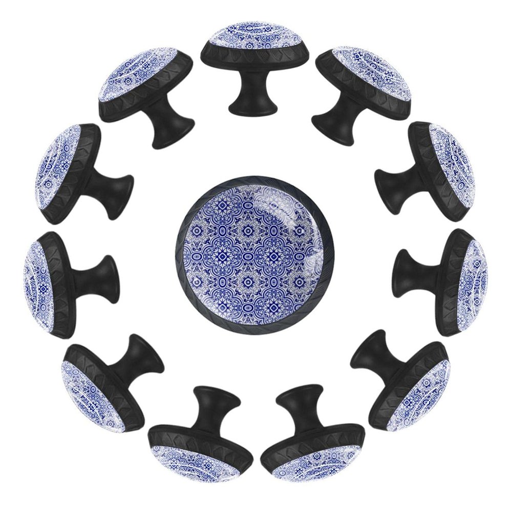 12 Pieces Blue Azulejo Geometric Flower Glass Knobs for Dresser Drawers, 1.37 x 1.10 in Round Kitchen Cabinet Pulls for Home Office Nursery Kids Room