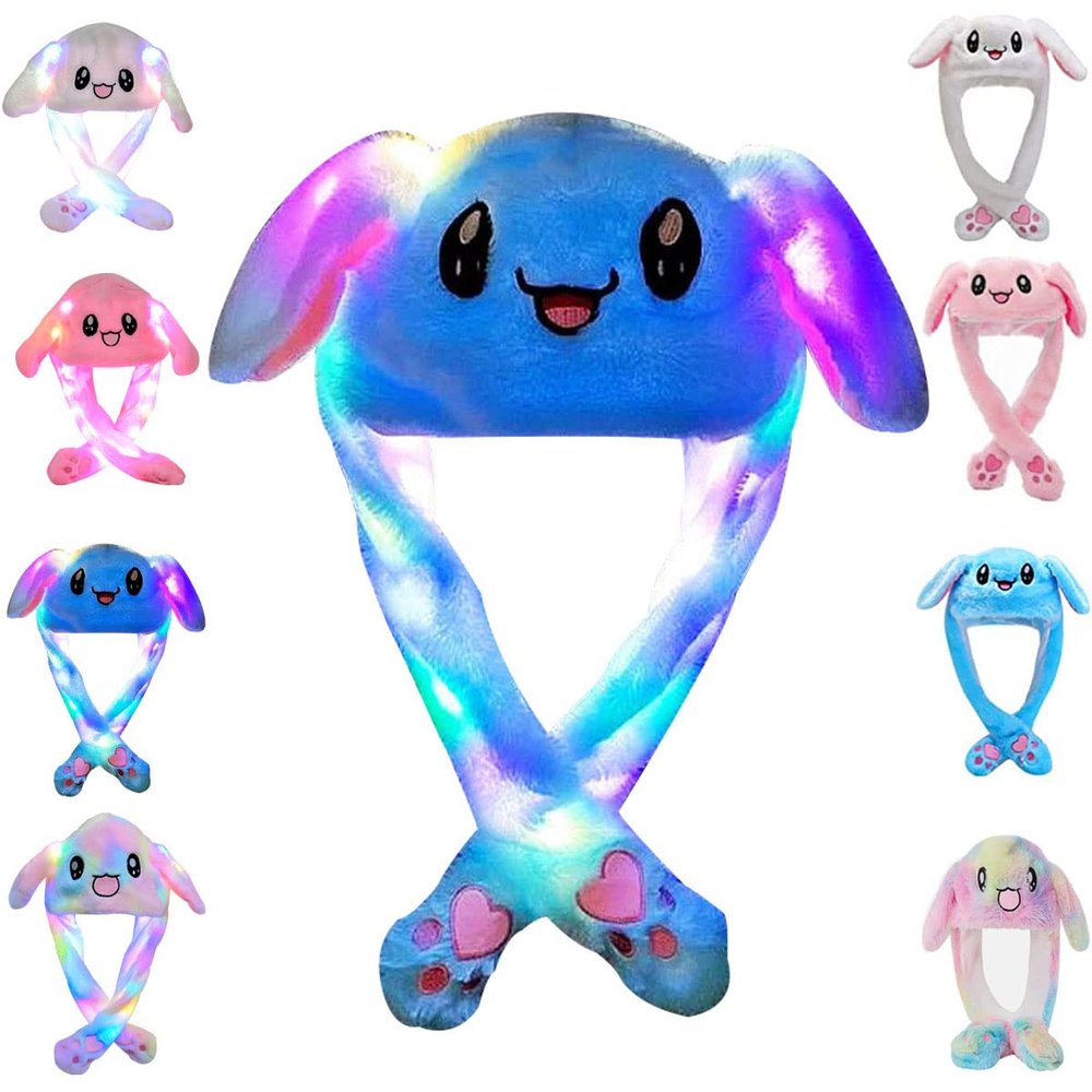 umbresen Bunny Hat Ear Moving Jumping Rabbit Hat Funny Cute Plush Animal Cap with Paws for Kids Women Girl Party Christmas Holiday Birthday Dress up Cosplay Costume Gift (LED Blue)